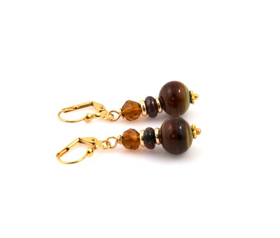 Petite Brown and Gold Color Dangle Earrings, Festive Fall Earrings, Lampwork Jewelry - image5